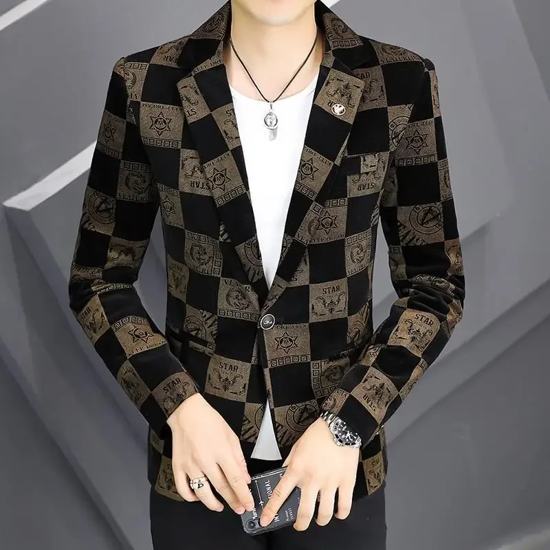 

Men Corduroy Blazer Slim Fit Autumn High Quality Long Sleeve Lapel Plaid Print Casual Fashion Men Clothing Blazer Jacket Coat