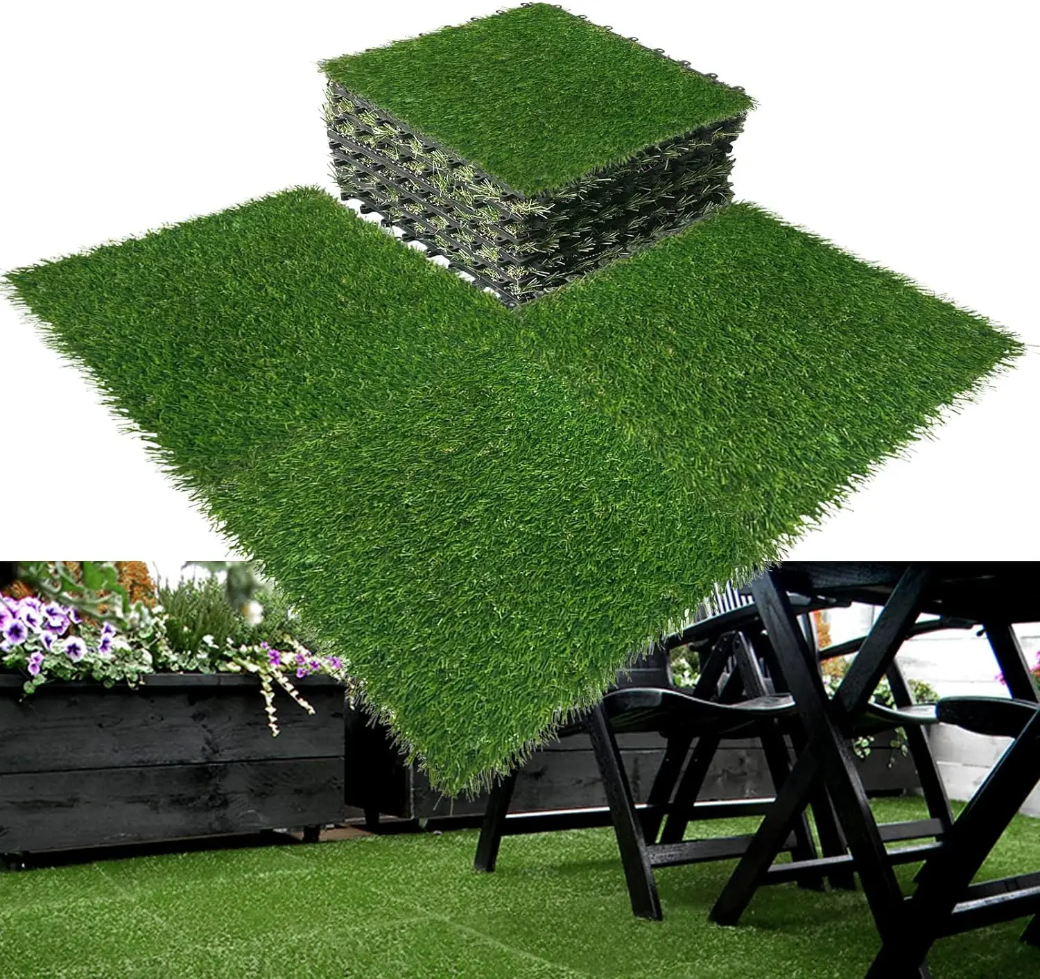 

Artificial Turf Patch Tiles 18PCS Self-draining Grass Mat 1" Grass Height/1.58“ Pile Height (1x1 ft) for Pet, Garden and Home