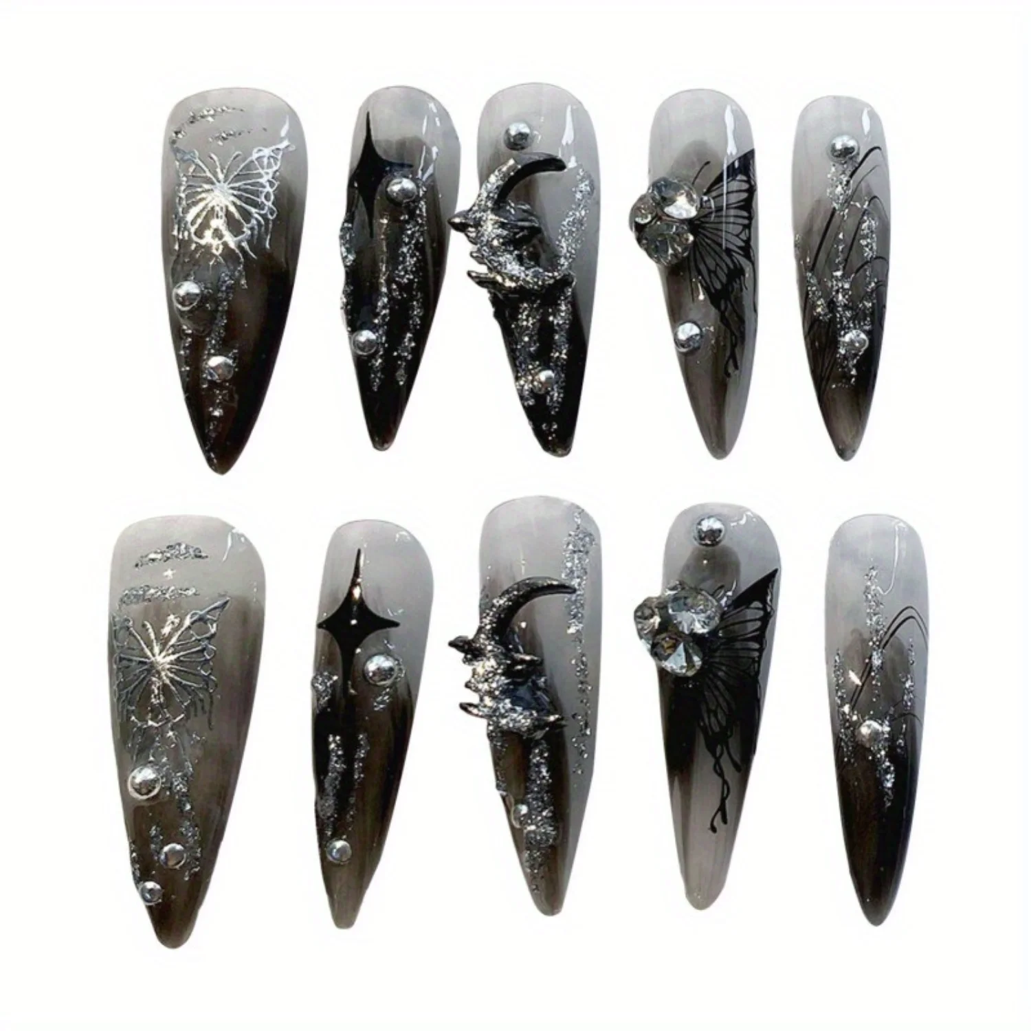 10pcs Gothic Dark punk metal liquid fake nails, 3D decoration, bright water drop manicure, suitable for everyday wear Goth s