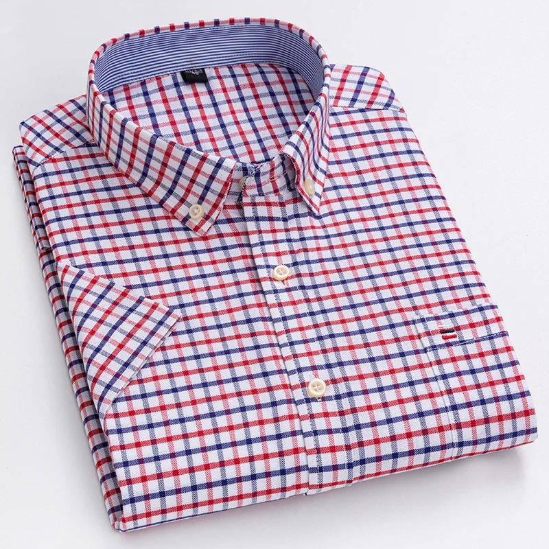 New in shirt Plus Size 7XL summer Short sleeve shirts for men 100%cotton striped plaid tops slim fit formal white office clothes 6