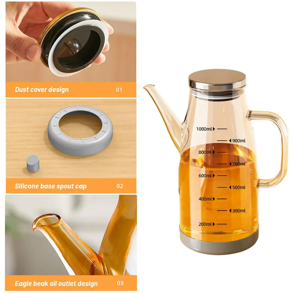 Oil Dispenser 600/800/1000ML Glass + Stainless Steel Kitchen Household Seasoning Bottle Container No Oil Hanging