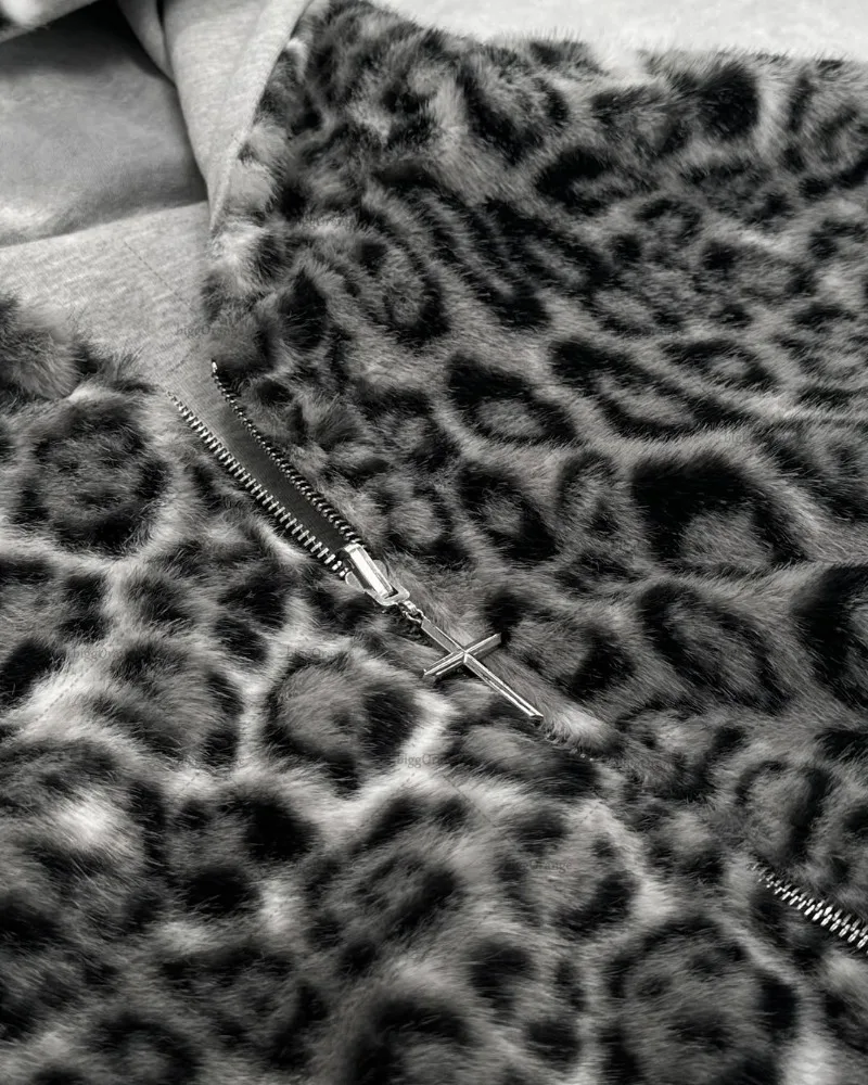 Y2K RATTLE TRAP animal velor fur jaket Y2K Harajuku Leopard Print