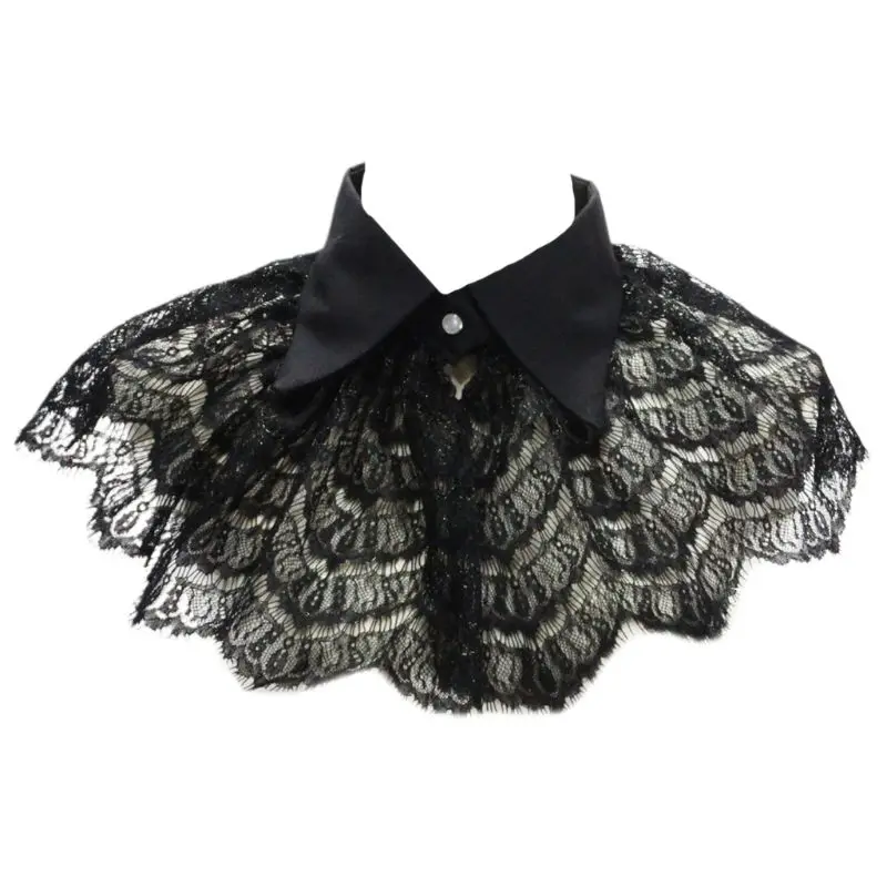 

Women Girls Vintage Black Crochet Floral Lace Fake Collar Pointed Lapel Detachable Half Shirt Shawl Sweet for Doll Scalloped