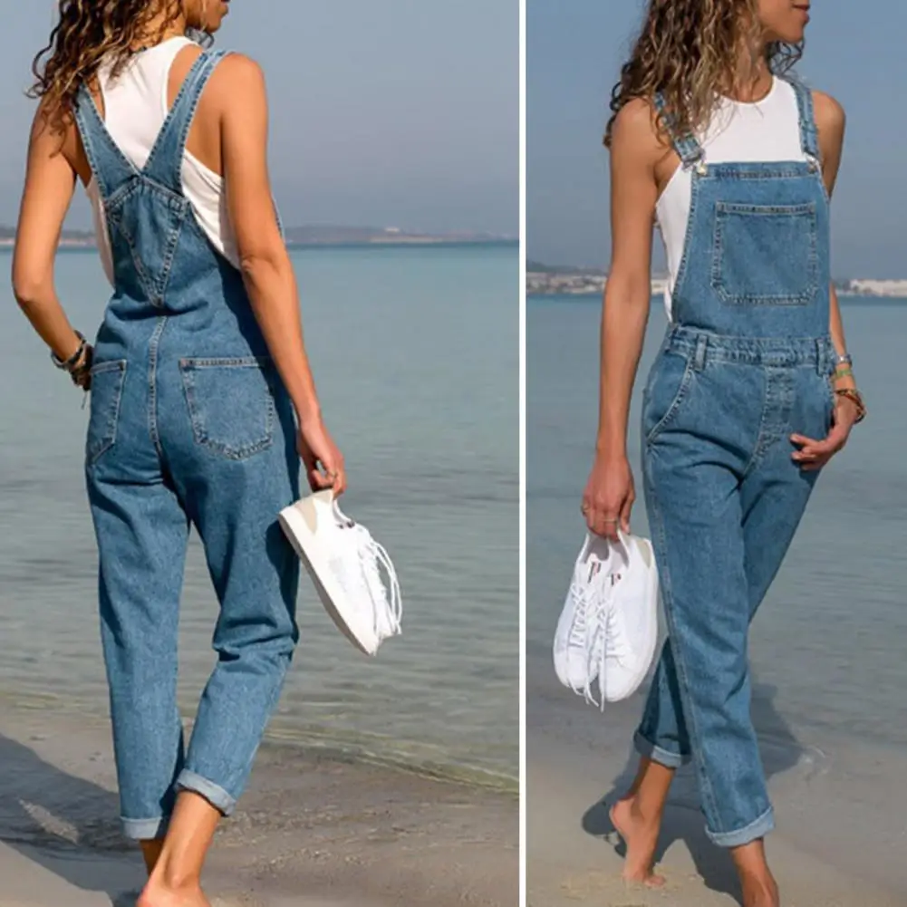 Cargo Pants Women Denim Bib Overalls Jeans Jumpsuits Rompers Ladies Ripped Hole Suspenders Long Playsuit Pockets Coverall