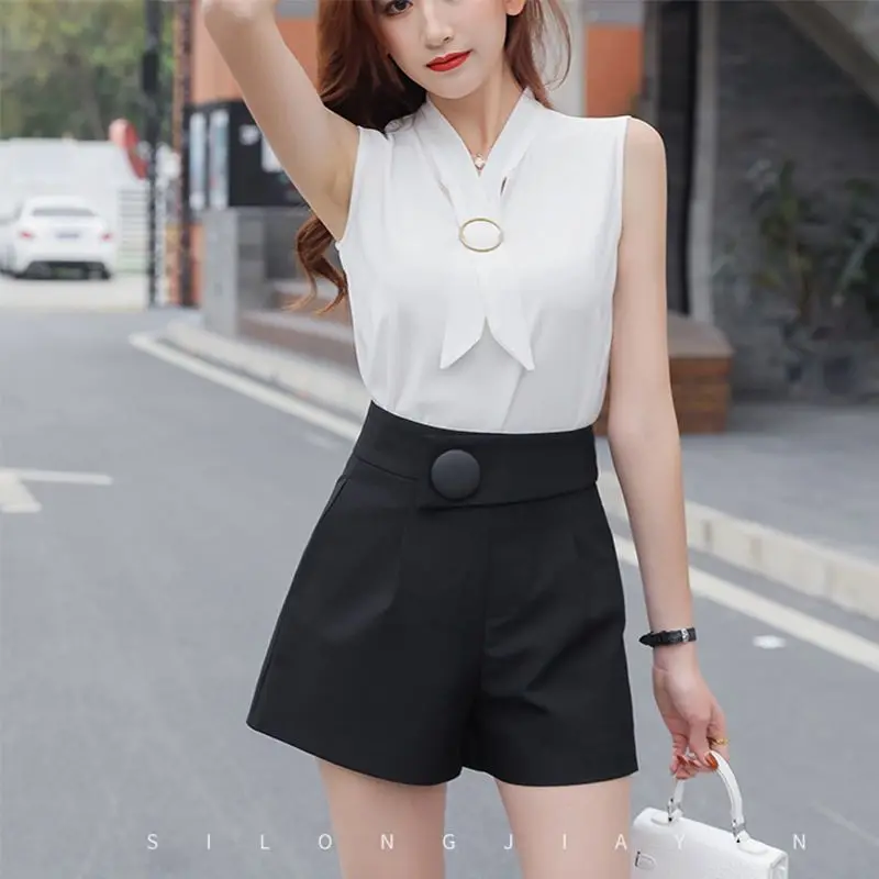 Spring Summer New High Waist Button Patchwork Shorts Solid Color Slim Simplicity Wide Leg Pants Office Fashion Women Clothing