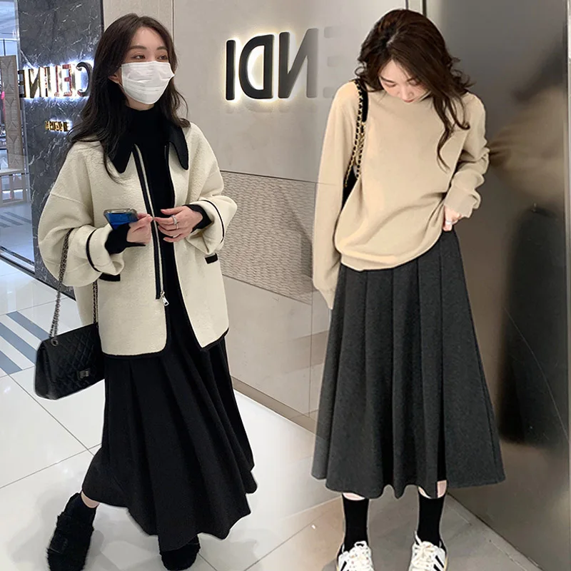 3351# Autumn Winter Fashion Pleated Woolen Maternity Skirts Elastic Waist Belly Loose Clothes for Pregnant Women Pregnancy