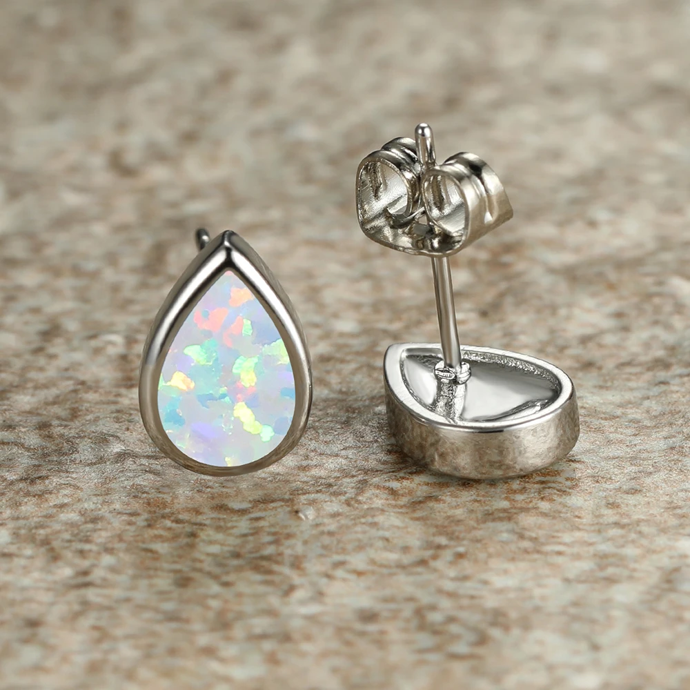White Blue Opal Water Drop Stone Small Stud Earrings Fashion Silver Color Pear Cut Birthstone Wedding Jewelry For Women