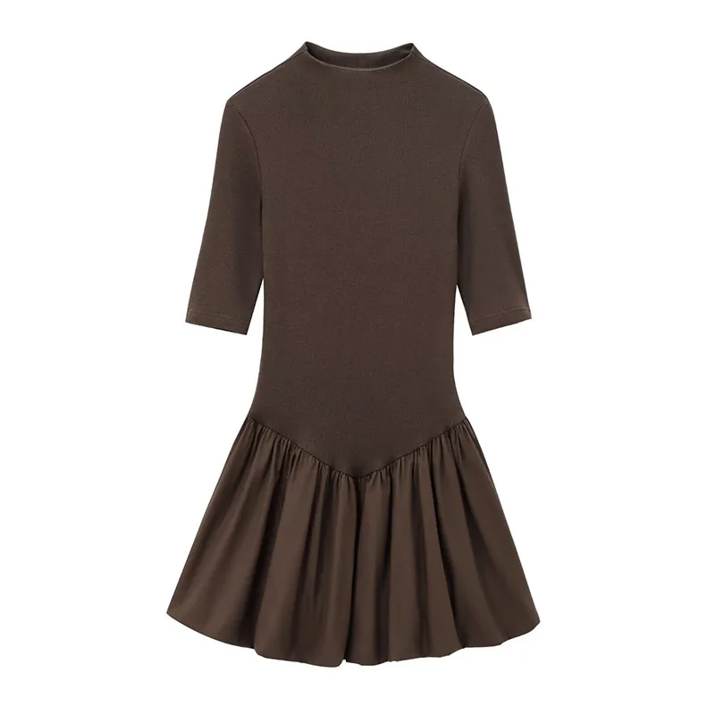 Elegant Pleated Mini Dress Women Brown O-Neck Sleeveless A Line High Waist Party Dresses Fashion Casual New Zipper Robes