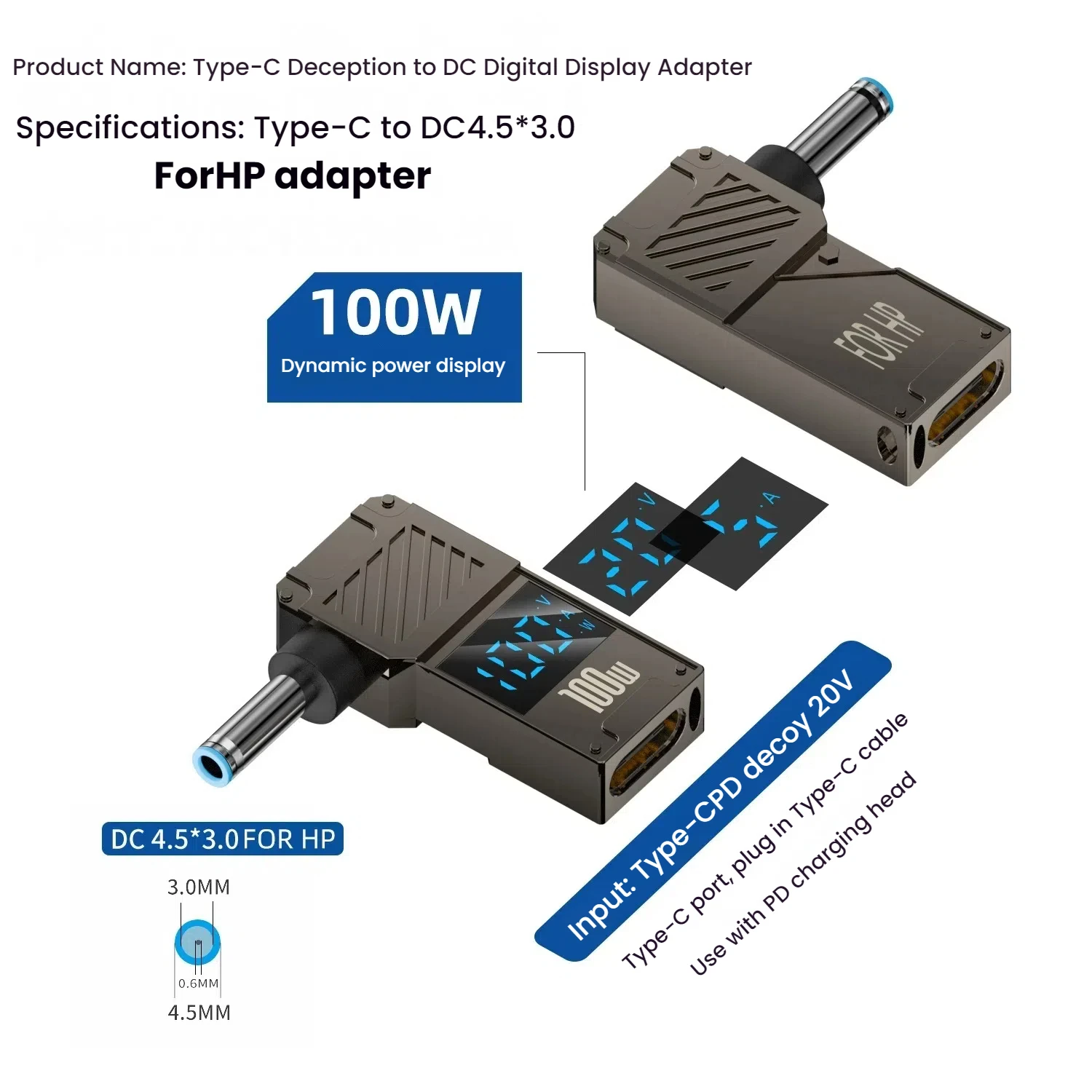 100W Laptop Power Charger Converter - Type-C to DC Male Adapter