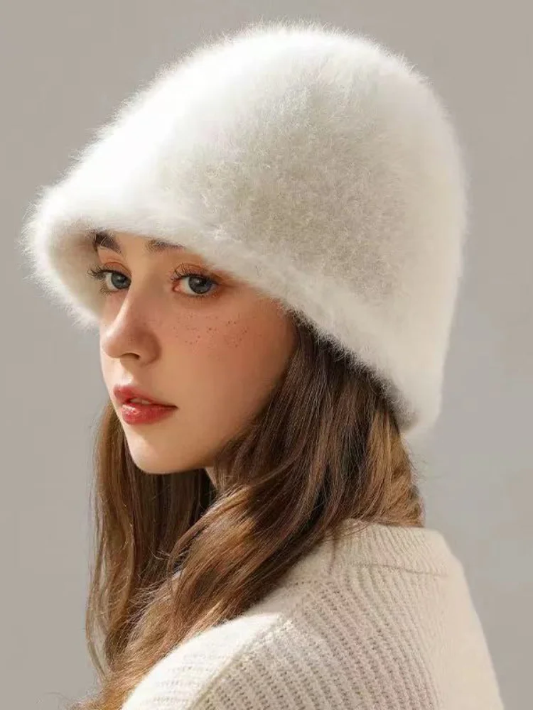 Women's Winter Plush Fur Bucket Hat Korean Solid Color Rabbit Hair Warm Fashion Versatile Outdoors Soft Dome women bucket hat women hat bucket hat