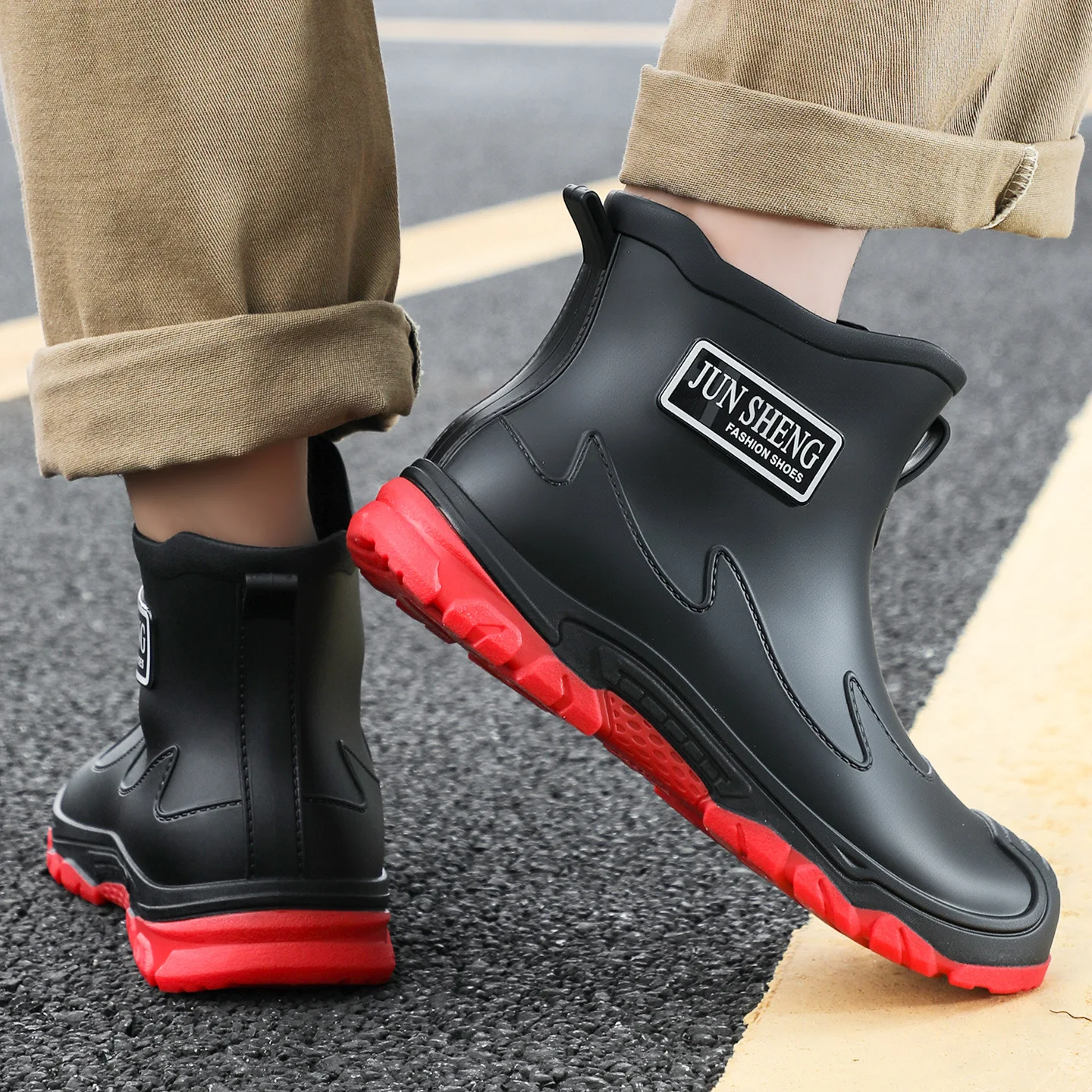 Bottes de pluie courtes homme noir et rouge imperméables antidérapantes pour pêche et activités extérieures