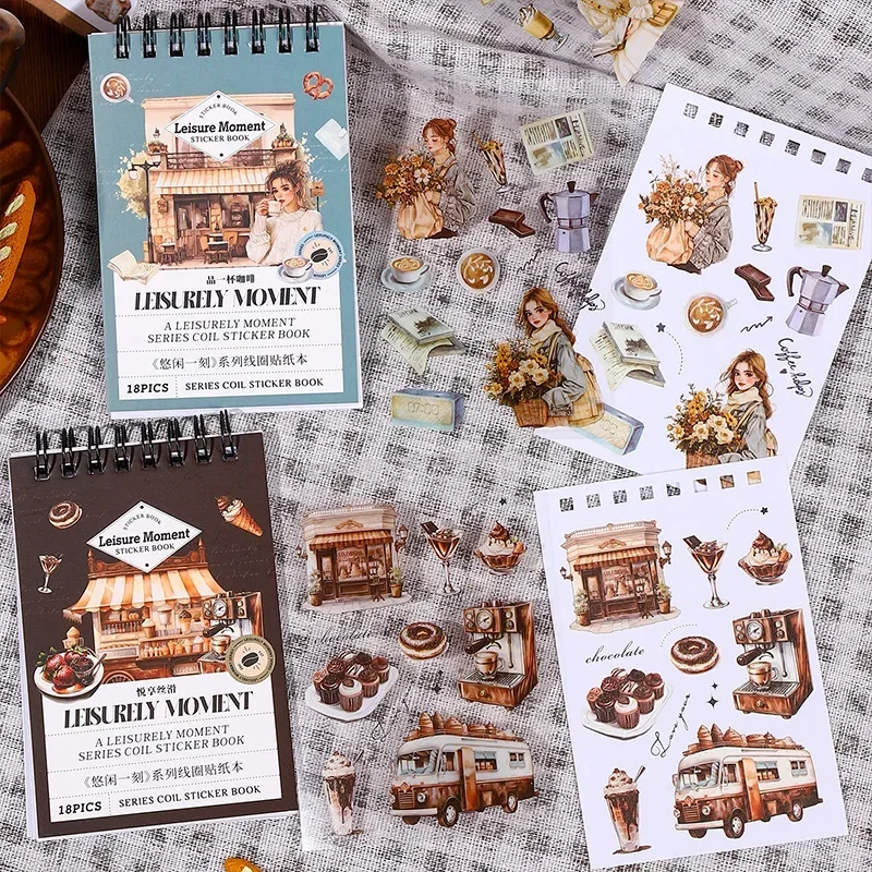 18Pcs 배경 코일 책 여유롭게 순간 일일 듀얼 스티커 애완 동물 종이 생활 재료 스크랩북 패키지 용품 161*100mm