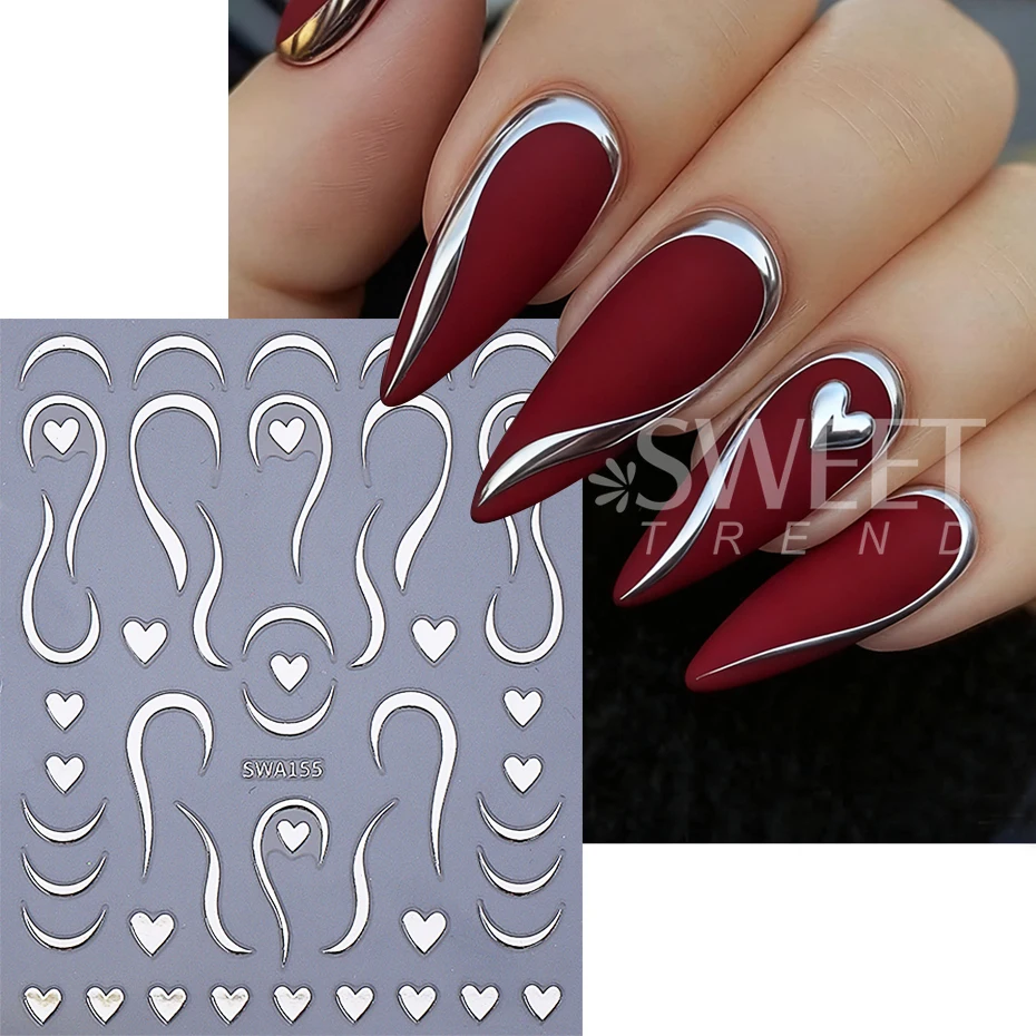 2/3pcs Valentine's Day Nail Stickers 3D Bronzing Lines Love Heart French Design Nail Decals DIY Adhesive Sliders Manicure Decor