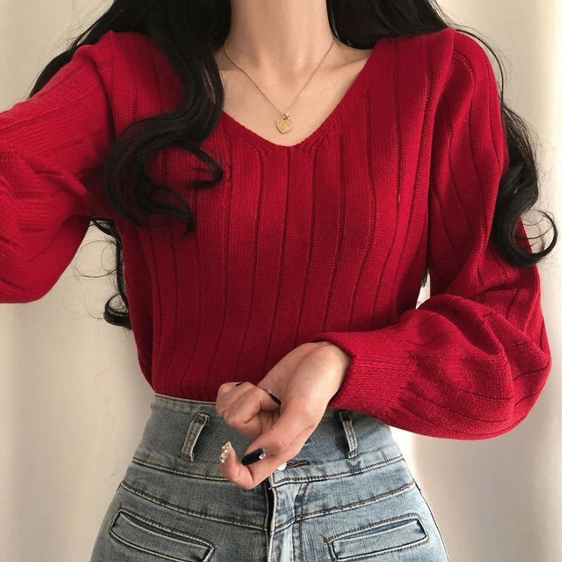 Spring Fashion Loose Long Puff Sleeve Solid Color V-neck Casual Pullovers Women Aesthetic Sweaters Girl Knitwear Y2k Vintage red sweater