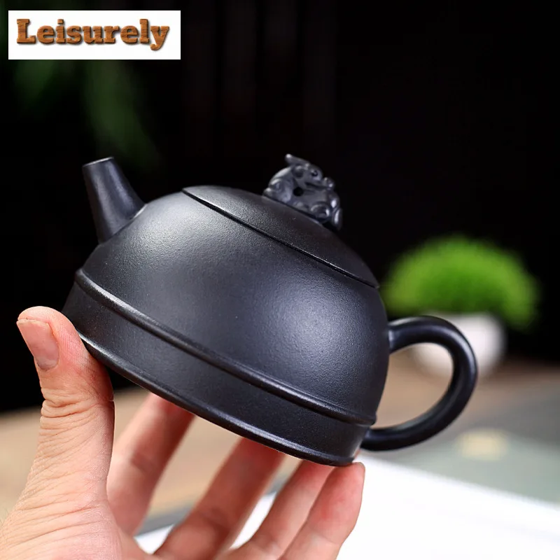 270ml Elegant Yixing Purple Clay Teapots Famous Artists Handmade Lucky Lion Pot Raw Ore Black Mud Tea Making Kettle Zisha Teaset