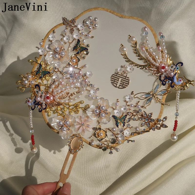 JaneVini Luxury Gold Phoenix Bride Fan Ancient Chinese Style Pearls Crystal Bridal Fan Flowers Jewelry Hanfu Wedding Bouquet