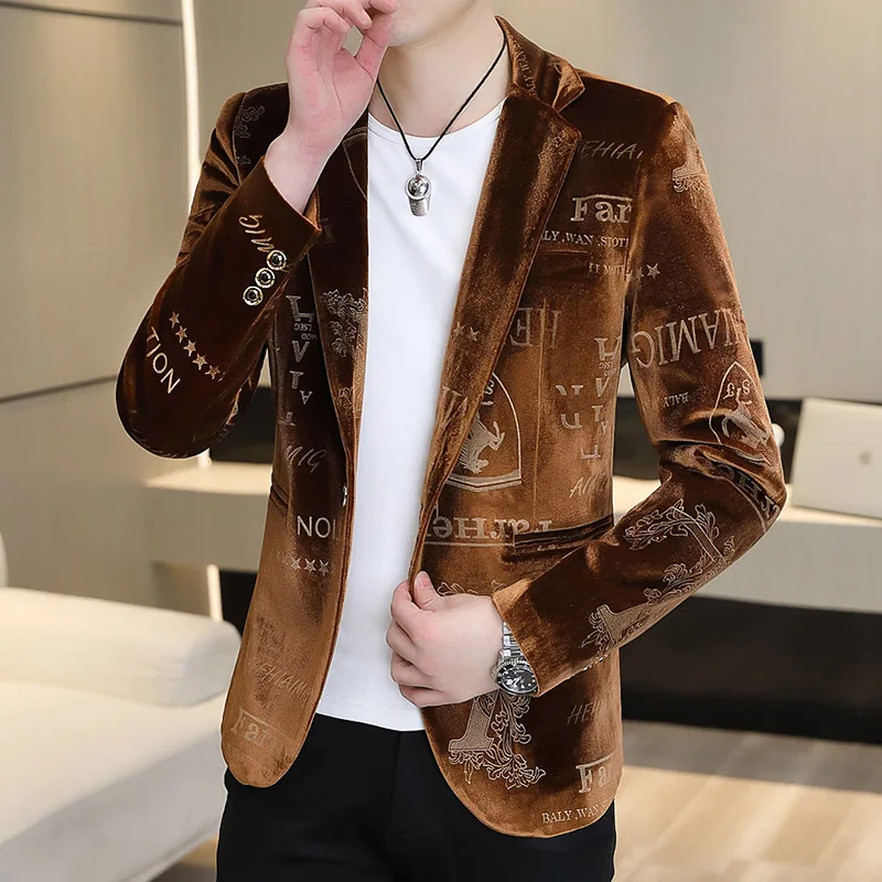 Men Blazers Brand Clothing Luxury Velvet Suit Jacket Men Fashion Bronzing Printed Blazer Masculino Slim Fit Casual Business Social Blazers