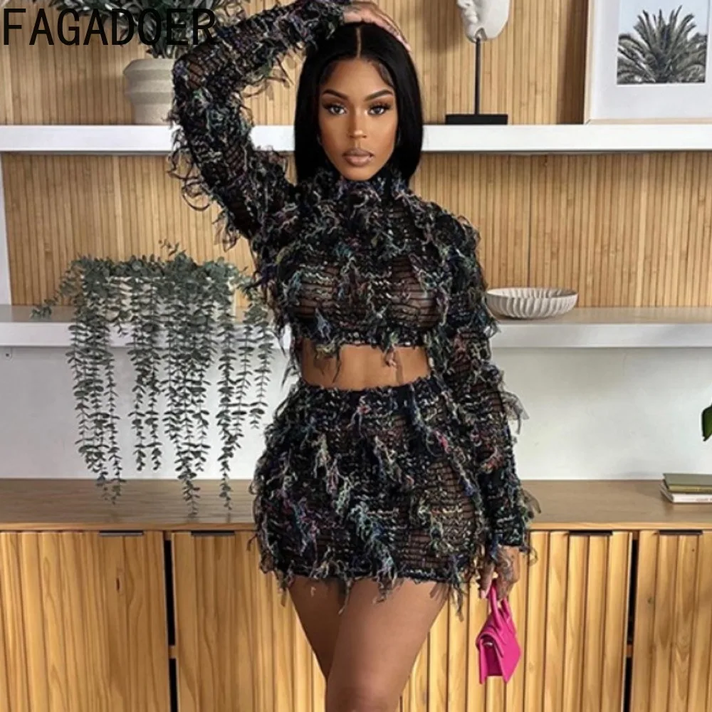 FAGADOER Fashion Streetwear Women Perspective Tassels Round Neck Long Sleeve Crop Top And Mini Skirts Two Piece Sets Outfit 2024