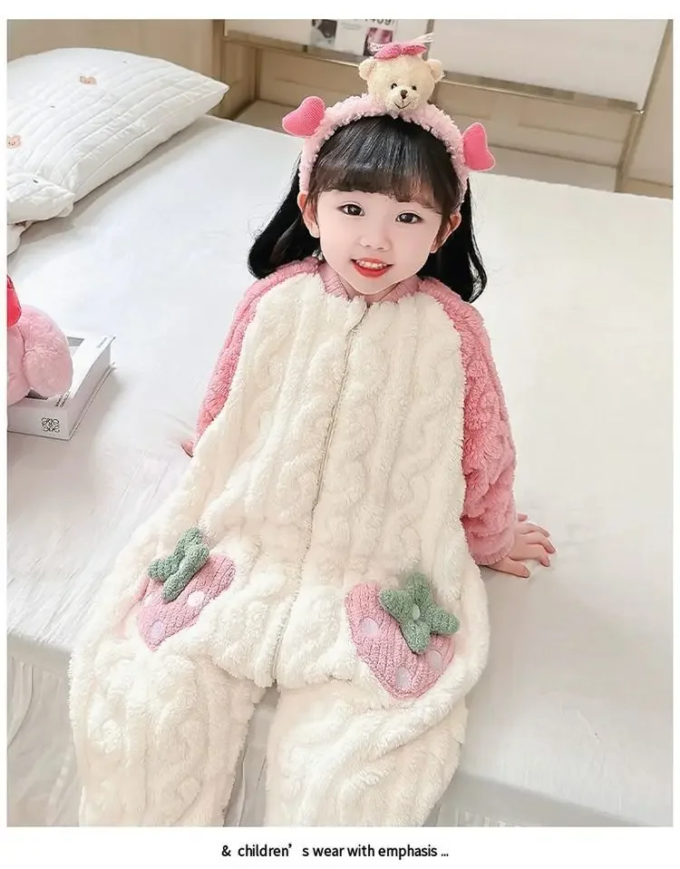 Girls' Sleeping Pajamas Coral Fleece Winter Thick Version Baby Anti Kick Autumn and Winter Children's Flannel Cute Jumpsuit