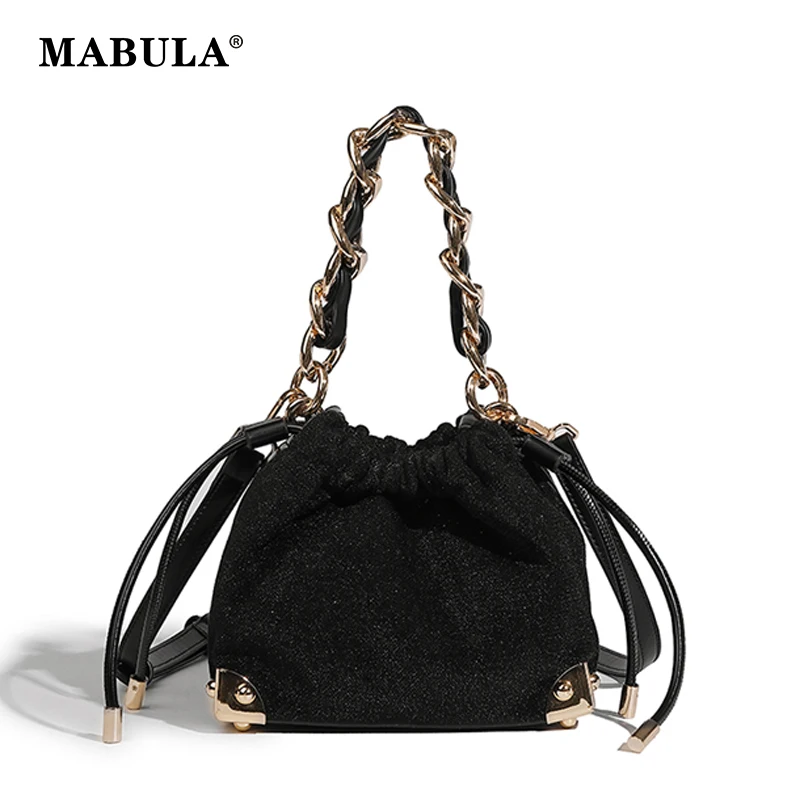 

MABULA Black Fashion Chain Crossbody Purse For Woman Canvas PU Leather Female Bucket Tote Bag Luxury Design Ladies Tote Handbag