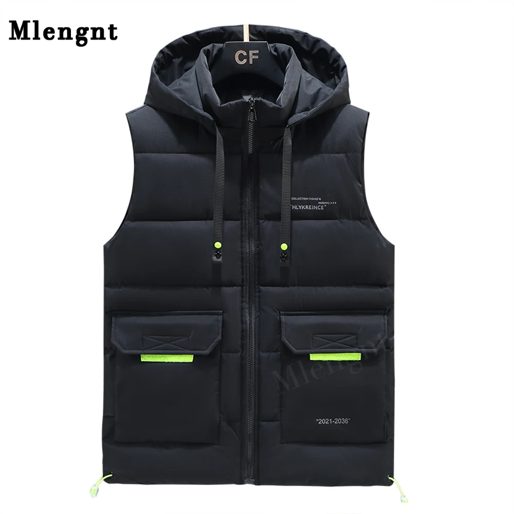 

Winter Men Vests Simple Printed Thermal Sleeveless Jacket Hat Detachable Casual Warm Coats Windproof Thicken Unloading Waistcoat