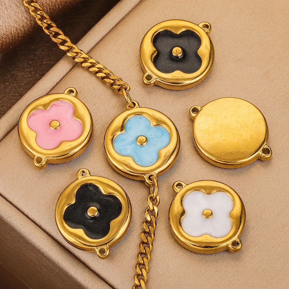 

5pcs Stainless Steel Gold Plated Flower Round Double Hole Charms DIY Bracelets Necklace Craft Jewelry Making Supplies Wholesale