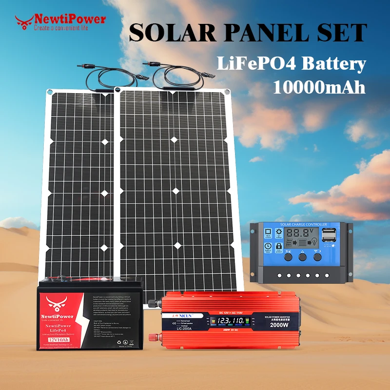 2000W Off-Grid Solar CompleteKit Power w/100A MPPT Controller, 110V 220V อินเวอร์เตอร์ & 10AH 30AH LiFePO4 แบตเตอรี่สําหรับ Home/RV/Camping 1