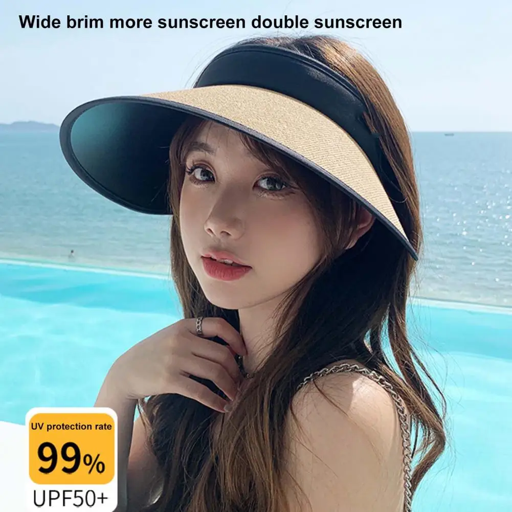 Sun Hat Breathable Empty Top Wrap Type Adjustable Buckle Double Layers Sun proof Foldable Women Wide Brim Straw Visor Hat Ou