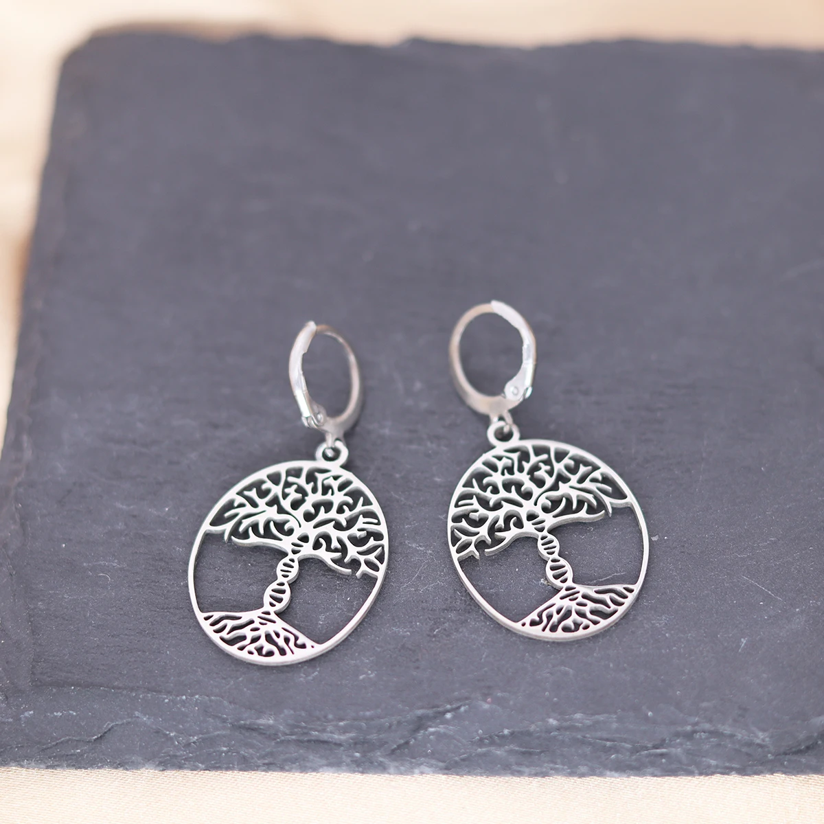 Chandler Stainless Steel Tree of Life with a DNA Trunk Hoop Earrings Genealogy Gift Birthday Party Jewelry Gift for Women 2