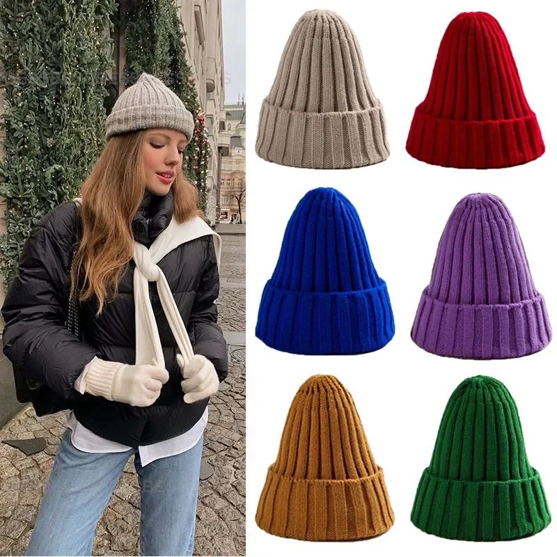 Winter Knitted Hat For Women Acrylic Beanie Uni Elastic Warm Hip Hop Cap Soft Baggy Bonnet шапка женская Wholesale