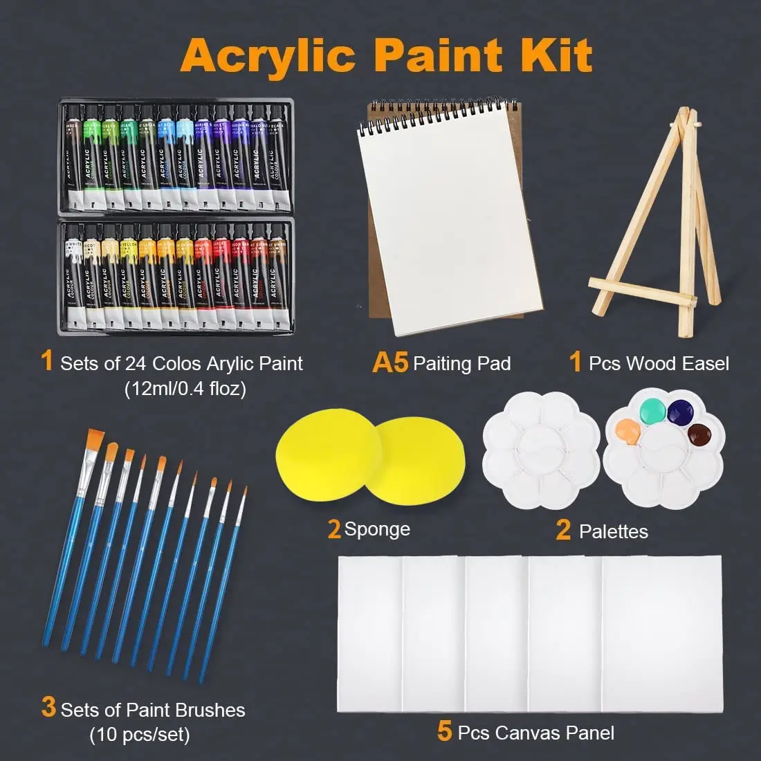 Kids Canvas Painting Set 6 Paint Brushes 12 Tubes of Acrylic Paint 2  Canvases