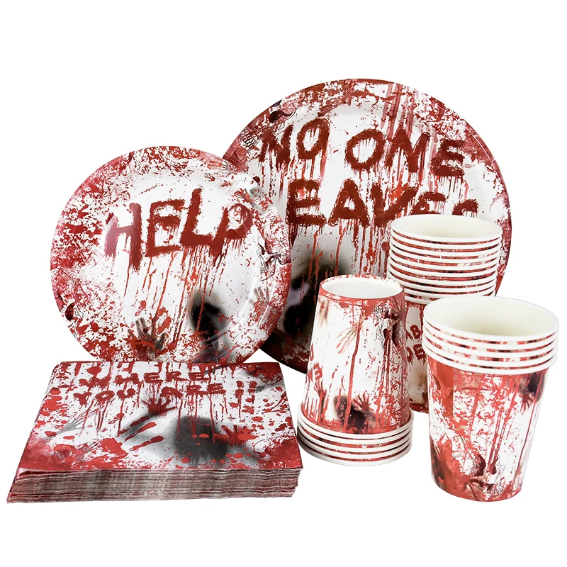 Halloween Party Einweg geschirr beängstigend blutige Handabdruck Papp teller Tassen Popcorn Box für Halloween Horror Party Dekor Requisiten