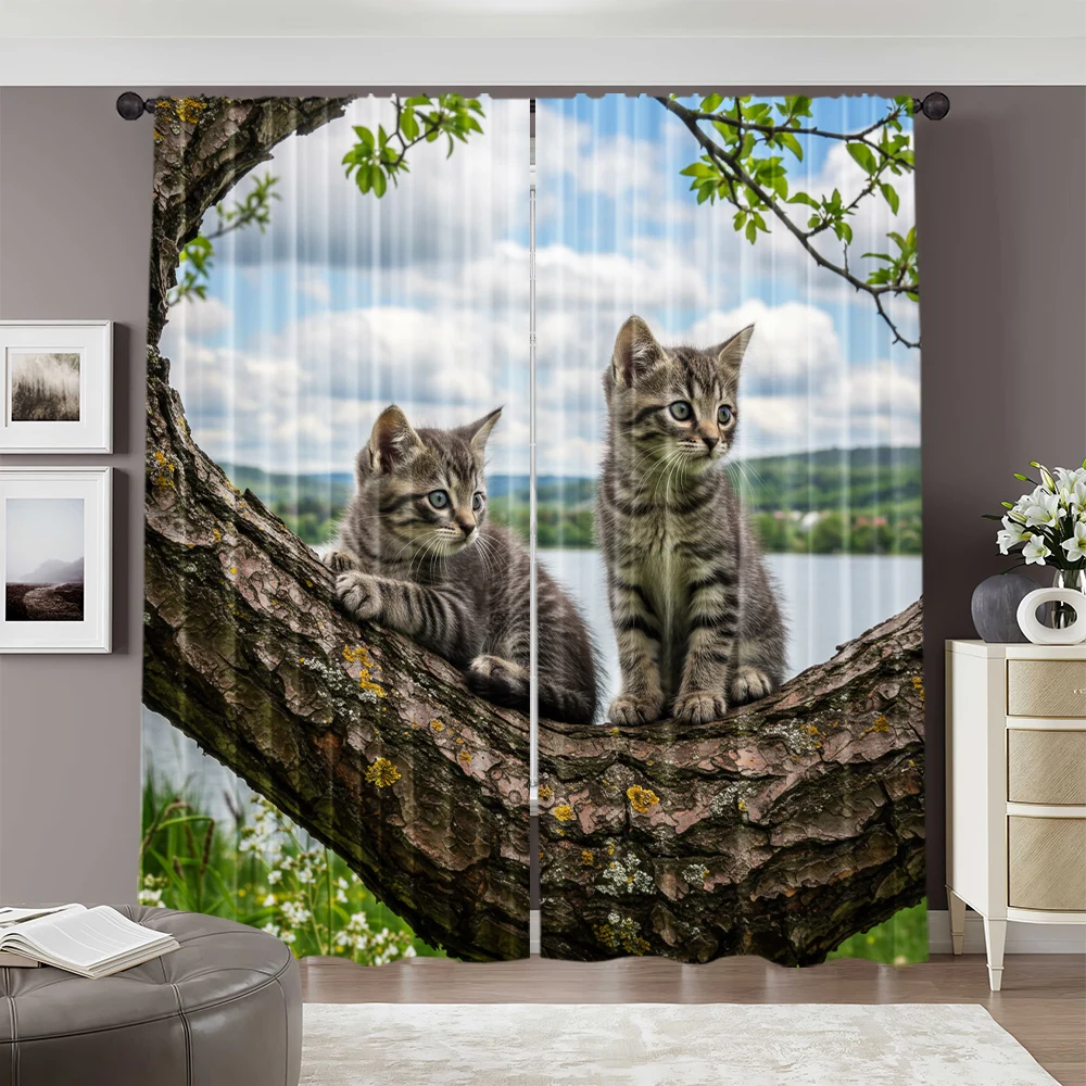 2pcs, spring summer Curtains There are cute kittens on the branches Semi-Sheer Curtains Durable 100% Polyester Fabric Room Decor 2