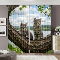 2pcs, spring summer Curtains There are cute kittens on the branches Semi-Sheer Curtains Durable 100% Polyester Fabric Room Decor 2