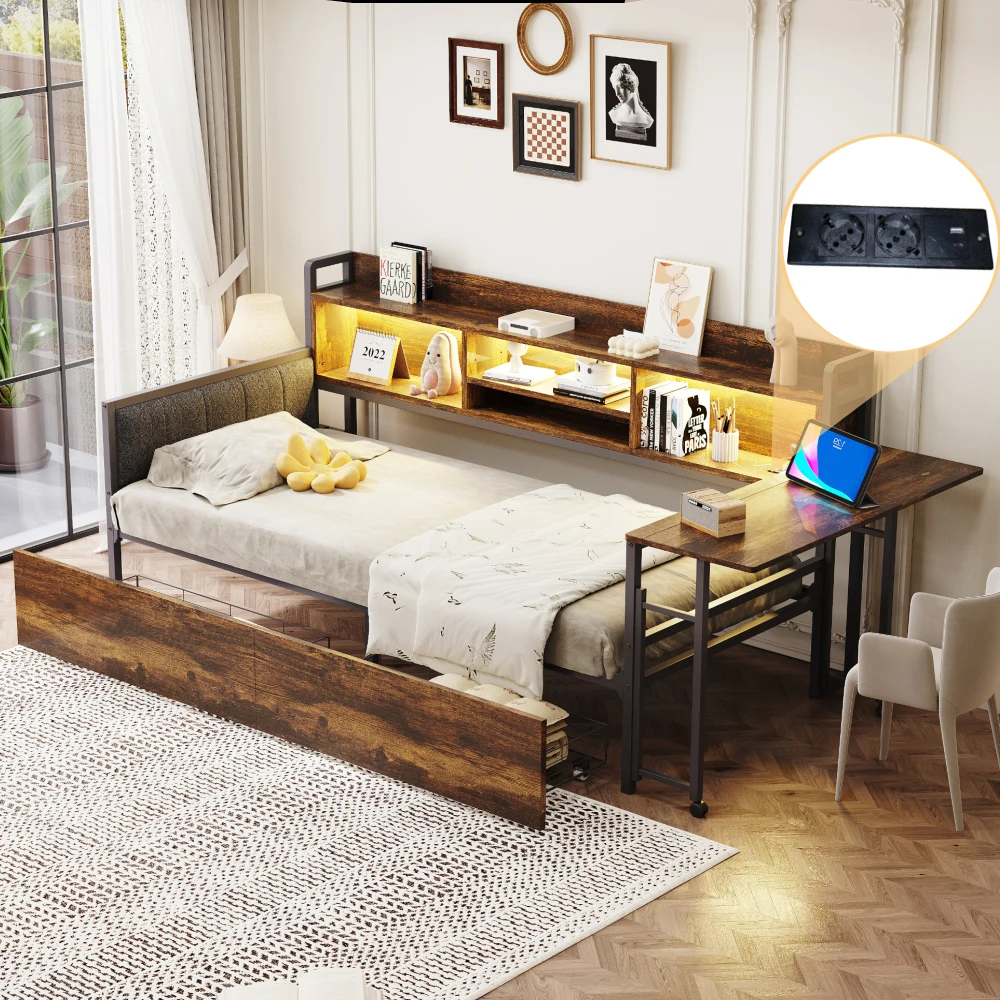 Schlafsofa aus Eisen, 90 x 200 cm, mit LED-Beleuchtung, Stauraum, mit Schubladen und Multifunktionssteckdose, ausklappbarer Schreibtisch, weiche Rückenlehne – Detail 27
