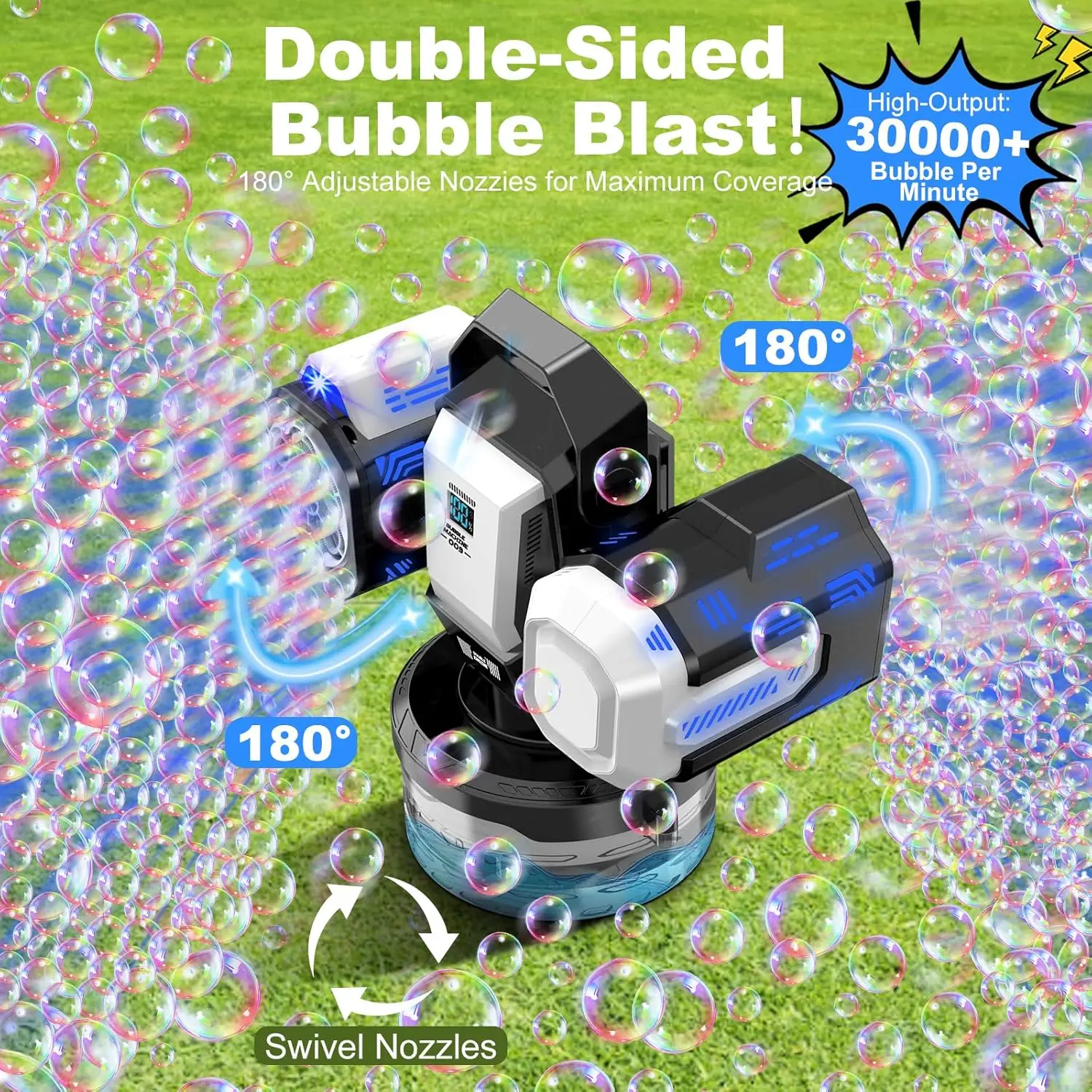 리모컨이 있는 충전식 RGB 버블 머신, 360 ° 회전하는, 20000개 이상의 거품을 생성하는 휴대용 야외 파티 장난감(검은색)