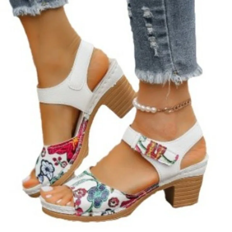 Women's Peep Toe Hihg Heel Sandals Summer Gladiator Shoes Chunky Heel Platform Women's Sandals Flower Ladies Heeled Shoes