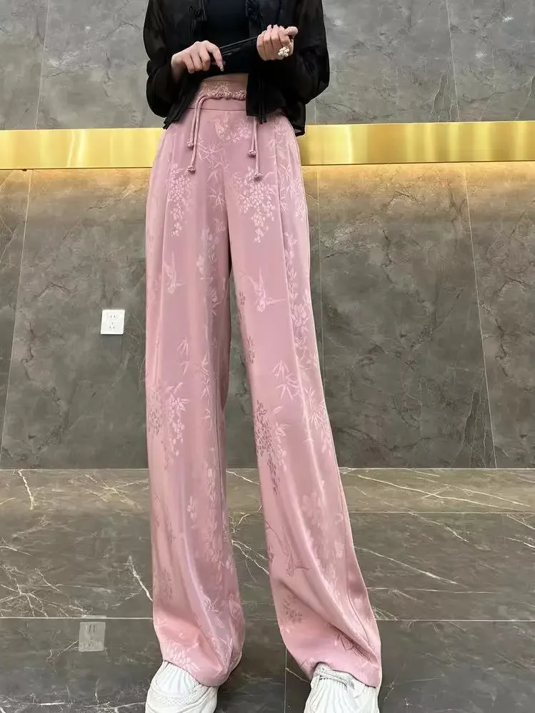 Spring And Summer New Chinese Style Lady Fashion Retro Printed Pants Draping Wide Leg Pants Jacquard Women Daily