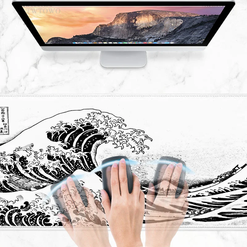 Japão Arte Grandes Ondas Mouse Pad Gaming xl Personalizado hd Novo Mousepad Xxl Playmat Non-slip Computador de Escritório Almofada de Ratos Preto & Branco - Imagem 3