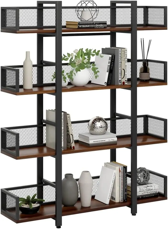 

Solid Wood Black Metal Industrial Bookshelf - 4 Tier - Visually Appealing & High Capacity for Book Storage