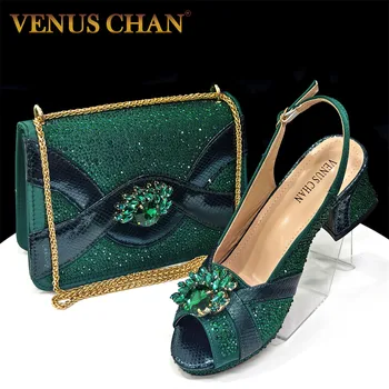 2025 Elegant Green Peep-Toe Heel Pumps for Women with Diamond Accents - Italian Matching Shoes and Bags Set for Parties 1