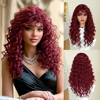 NAMM Synthetic 24 Inch Striking Red Afro Kinetic Wigs, Long Loose Wave Shaped Forehead Included, Hairstyle Accessories For Daily
