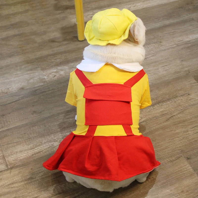 

Cute Pet Dog Skirt Small Yellow Cap Spring Autumn Dress For Small Medium Dogs Clothes Boys Girls Pet T-shirt Chihuahua Costume