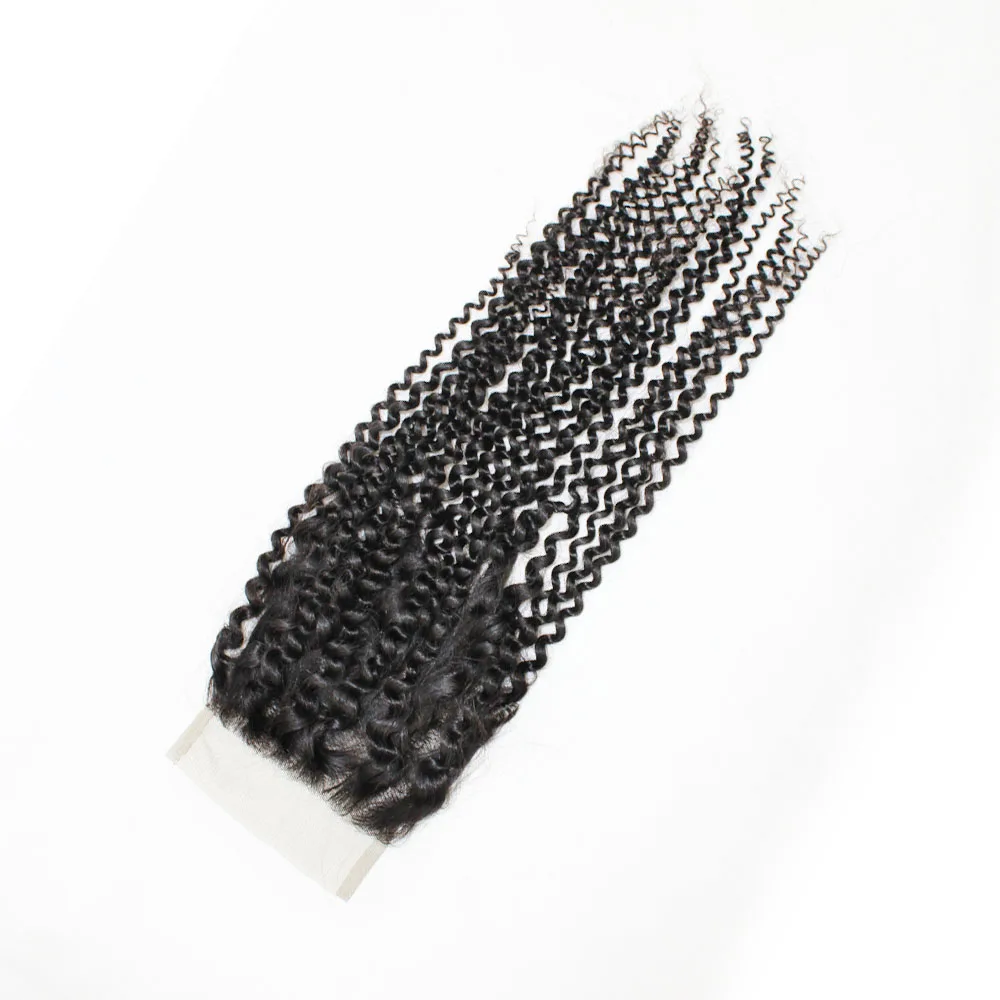 Kinky Curly 4x4 Lace Closure Remy Indian Human Hair Hand-tied Top Closures 150 Density Natural Color Hair Extension
