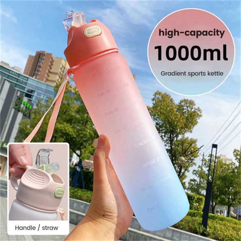 1000ml Water Bottle with Straw Large Capacity Cup Portable Plastic Water Cup Multi Color Camping Outdoor Sports Kettle Bottle