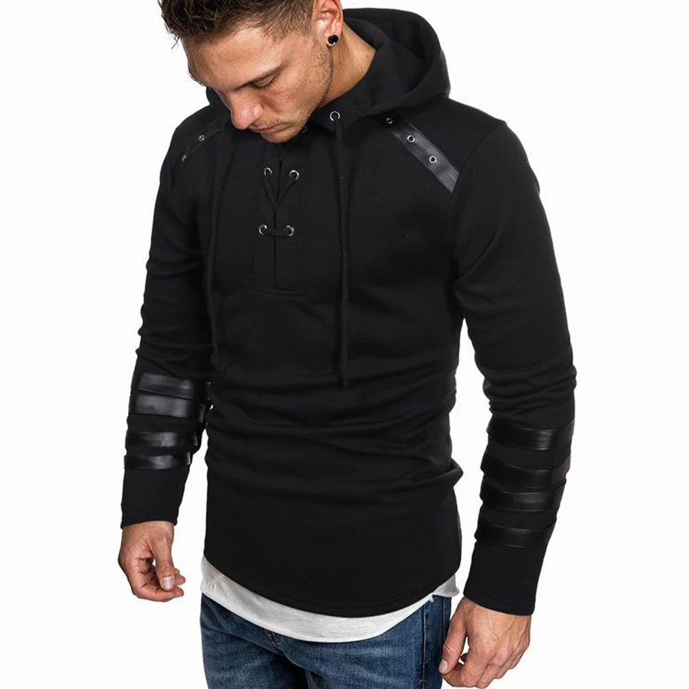 

Свитшот мужской с капюшоном, худи на шнуровке, пуловер с длинным рукавом, повседневная спортивная куртка, в готическом стиле, черный цвет