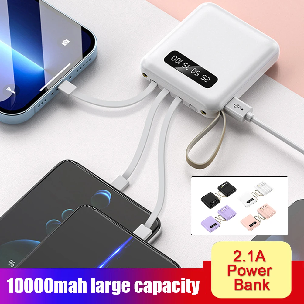 

10000mAh Mini Power Bank Fast Charging 4 Cables External Battery With Large Capacity PoverBank For Mobile Phone Iphone Xiaomi