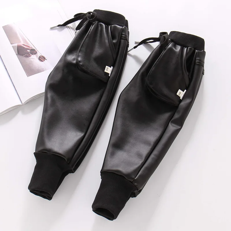 Boys Pants Kids Pants Boys PU Faux Leather Winter Fleece Imitation Leather For Boy Teenage Children Warm Trousers