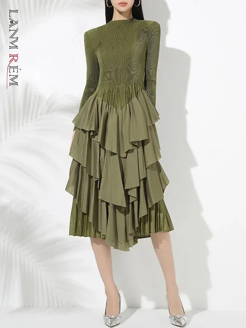 LANMREM Elegant Pleated Mid Length Dress For Women Long Sleeves Irregular Ruffles Patchwork A-line Dresses Fashion New 2VV2046
