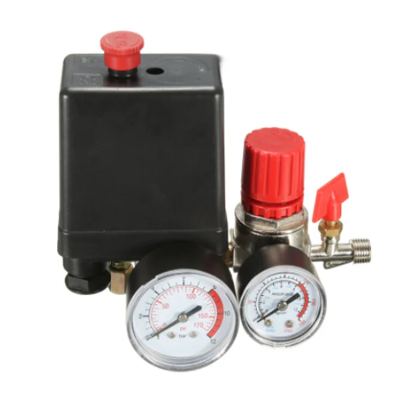 

240V AC Regulator Heavy Duty Air Compressor Pump Pressure Control Switch 4 Port Air Pump Control Valve 7.25-125 PSI with Gauge